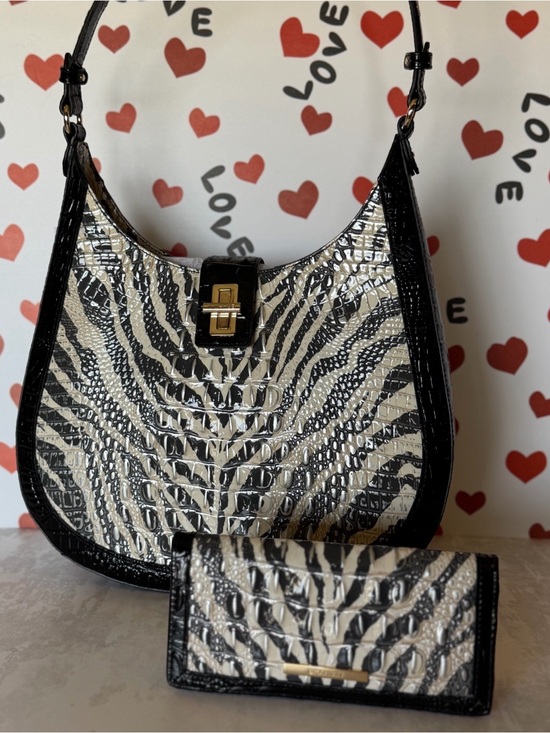 Brahmin Handbags - Zebra-Print Croc-Embossed Shoulder Bag with Matching Wallet - Black & Cream